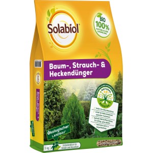 Gelbe Verpackung Solabiol Baum-, Strauch- & Heckendünger, 5 kg. Fördert Wurzelwachstum und Widerstandskraft.