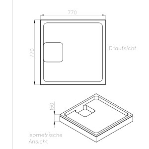 Technische Zeichnung Ottofond Wannenträger Plateau 80x80 cm für Duschwanne, Draufsicht und isometrische Ansicht.