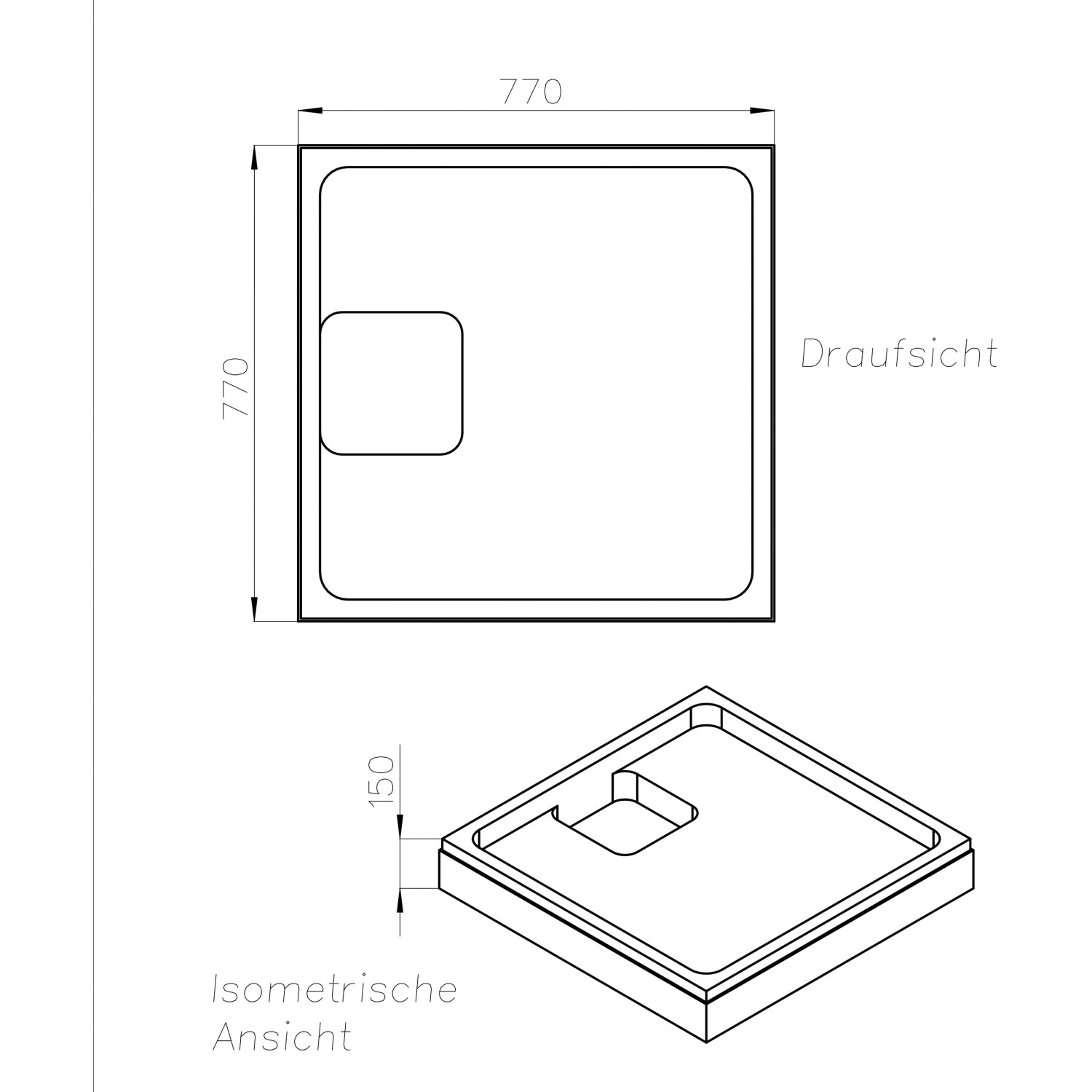 Technische Zeichnung Ottofond Wannenträger Plateau 80x80 cm für Duschwanne, Draufsicht und isometrische Ansicht.
