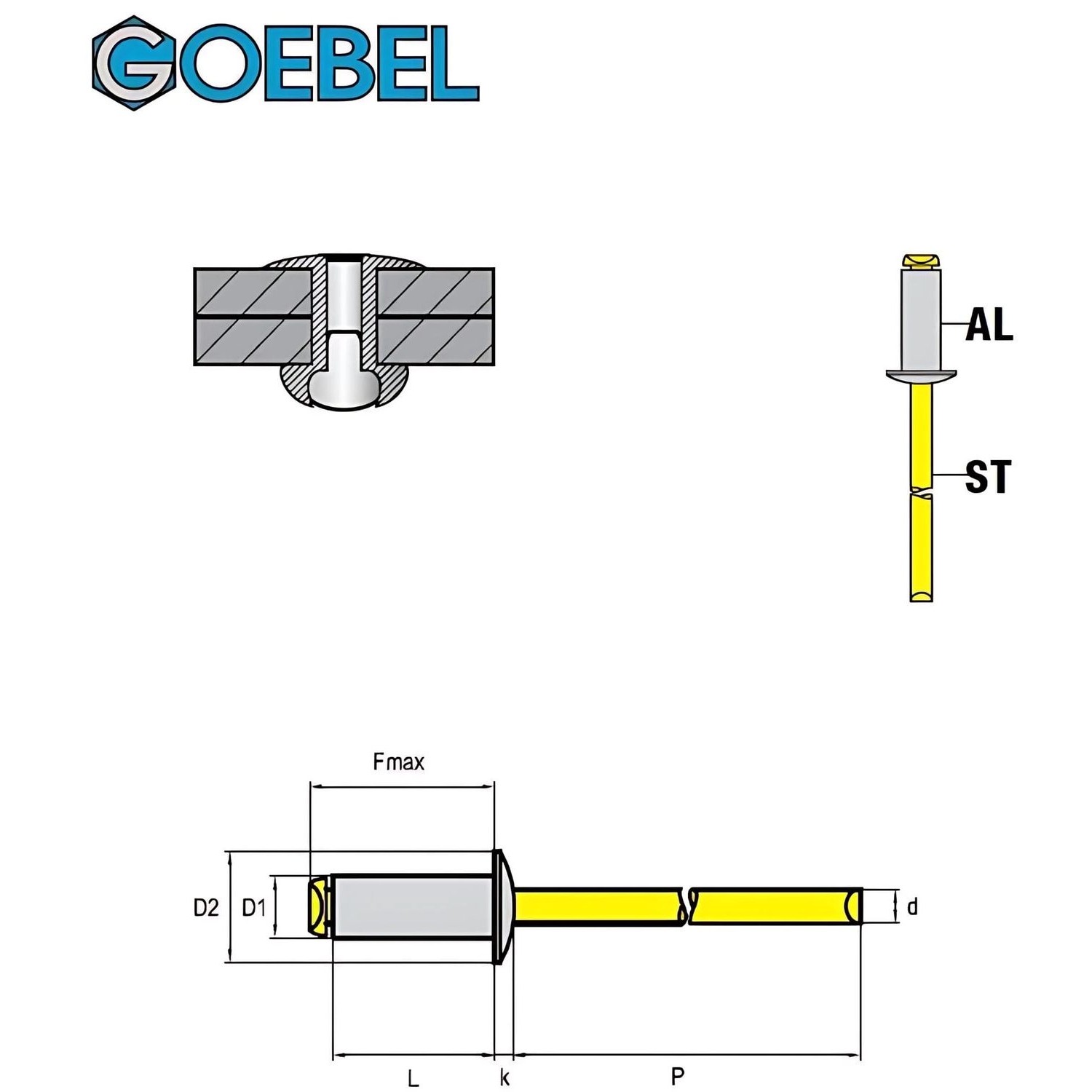 Technische Zeichnung einer GOEBEL Flachkopf Blindniete (3,2 x 6,0 mm) aus Aluminium und Stahl.