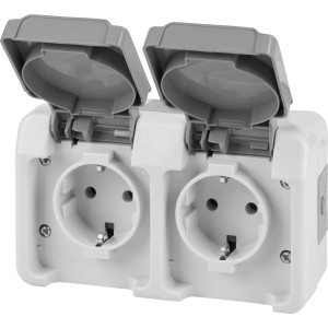 Merten AQUASTAR Doppel-Steckdose für Feuchträume, waagerecht mit Klappdeckel.