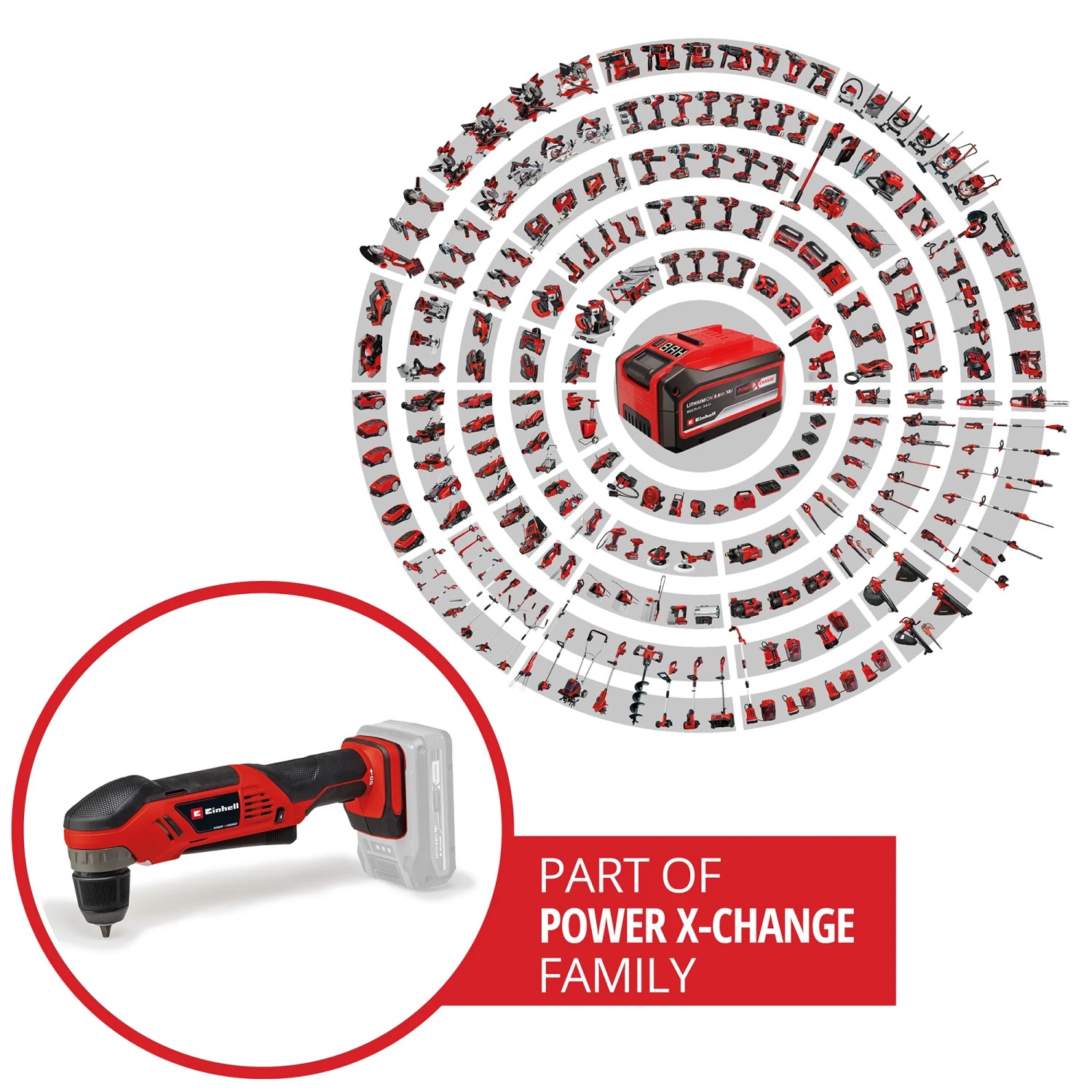 Einhell Akku-Winkelbohrmaschine TE-AD 18 Li-Solo, Teil der Power X-Change Familie.
