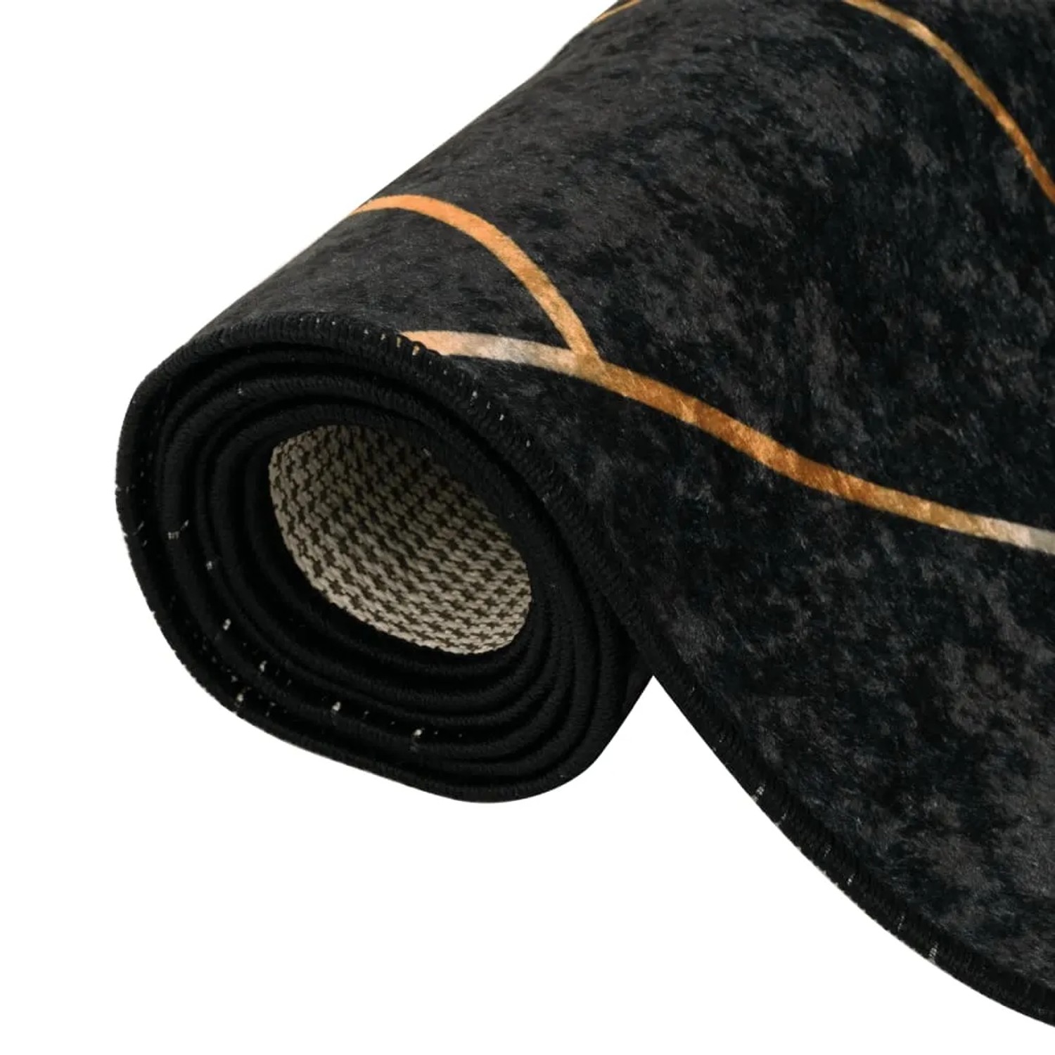 Gerollter, waschbarer Teppich in Schwarz und Gold, 190x300 cm. Rutschfester Teppich.