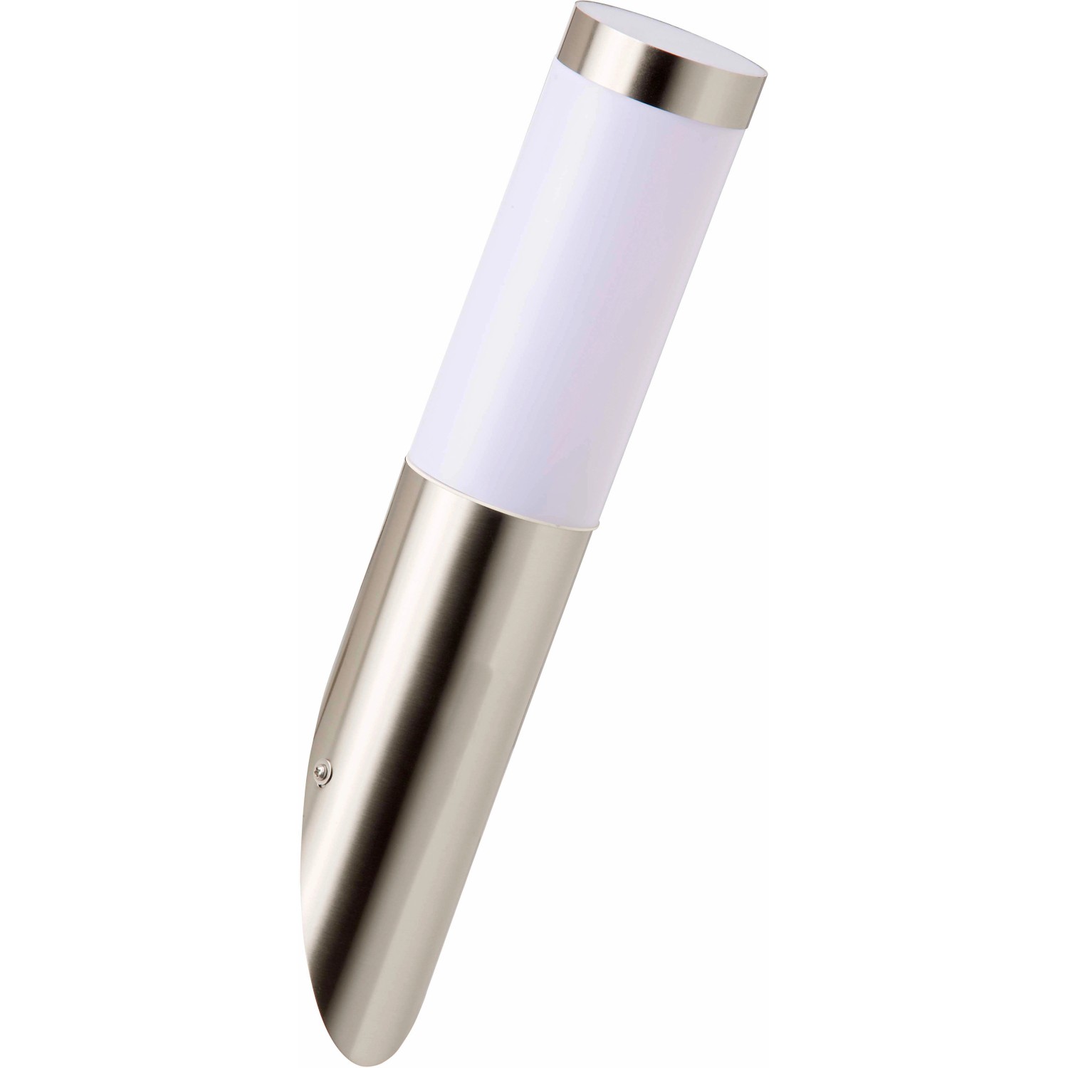 Moderne Außenwandleuchte Kinna aus Edelstahl mit weißem Kunststoff-Diffusor.