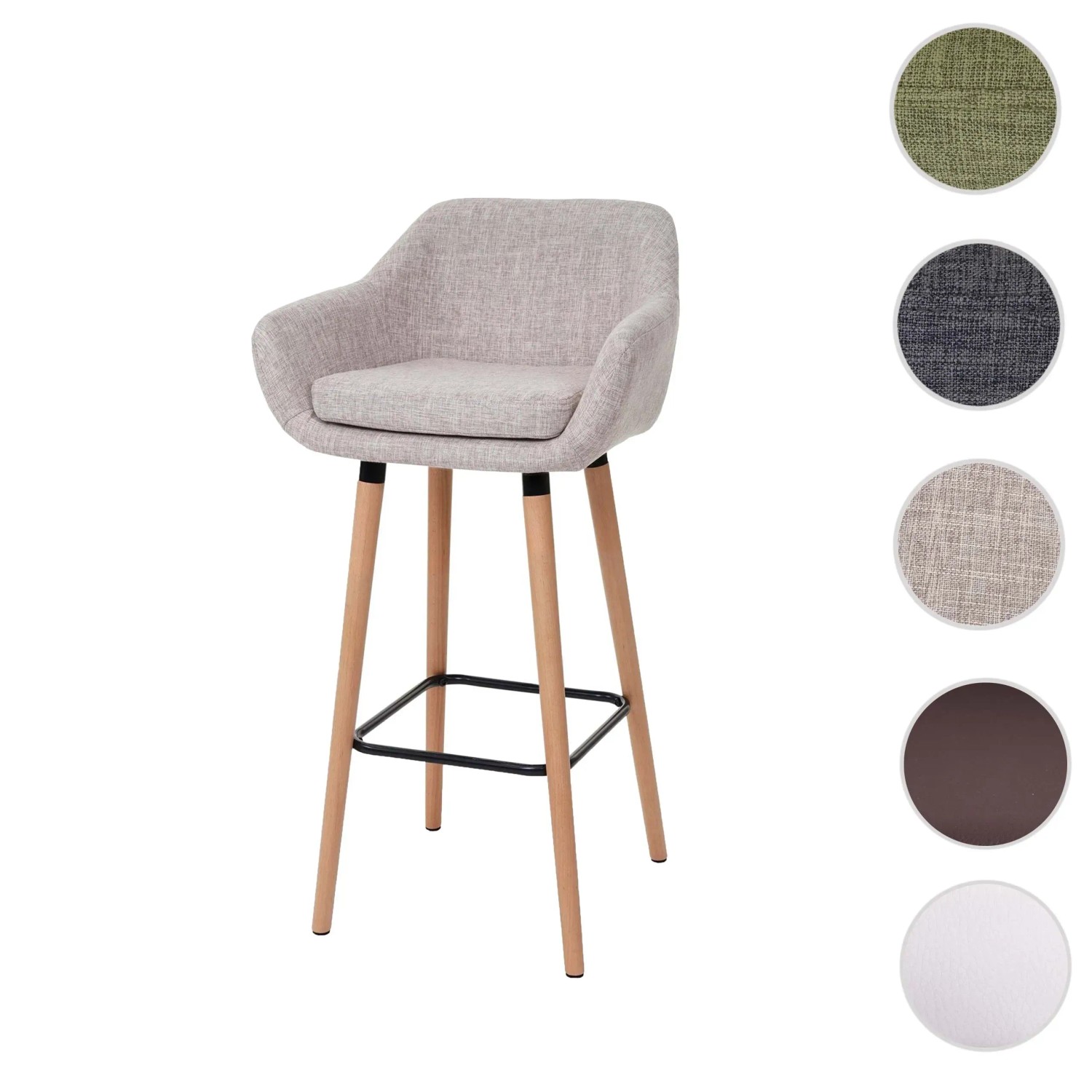 PROREGAL Barhocker Oslo, hellgrau Textil mit Lehne, Holzbeinen und schwarzer Fußablage. Skandinavischer Barstuhl, verschiedene Farben.
