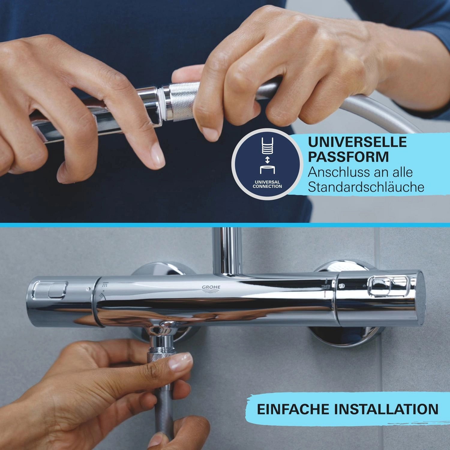Installation der Grohe QuickFix Handdusche Vitalio SmartActive 130 Cube Chrom an Standard-Brauseschlauch.