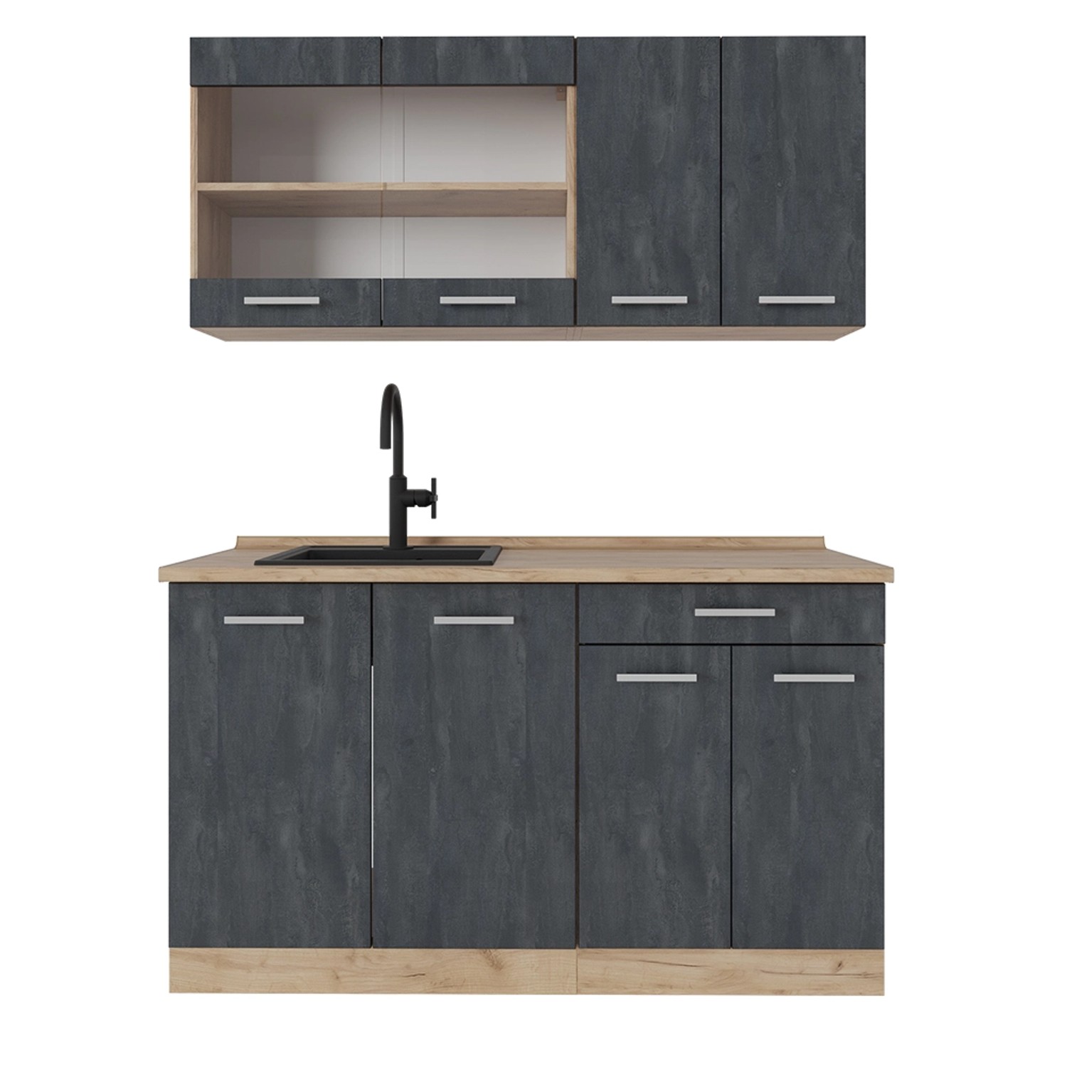 Vicco R-Line Mini-Küche Schwarz Beton/Goldkraft Eiche 140 cm AP Eiche günstig online kaufen