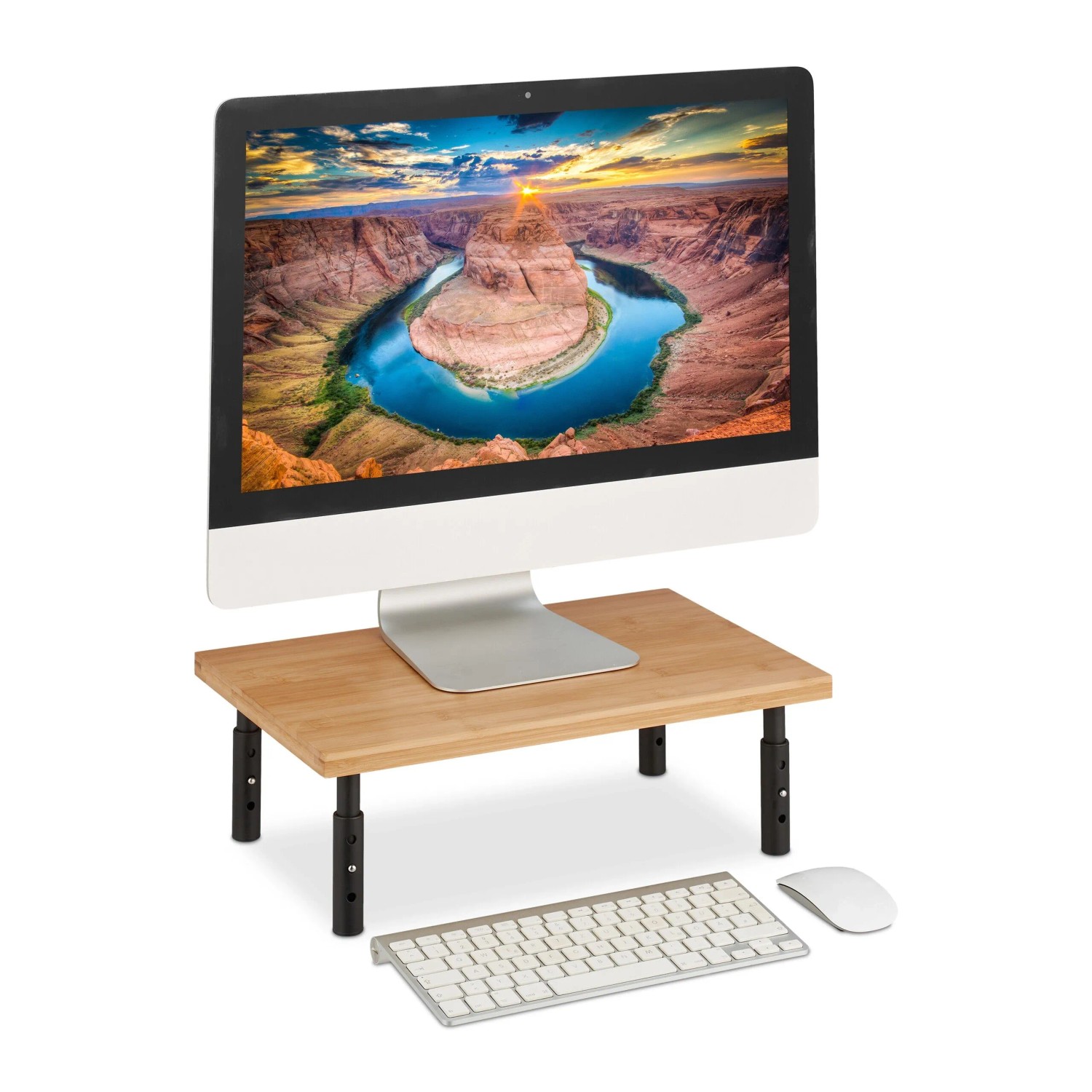 Relaxdays Monitorständer Bambus Edelstahl Natur Schwarz Höhenverstellbar 42 cm x 26,5 cm x 16 cm 1,8 kg