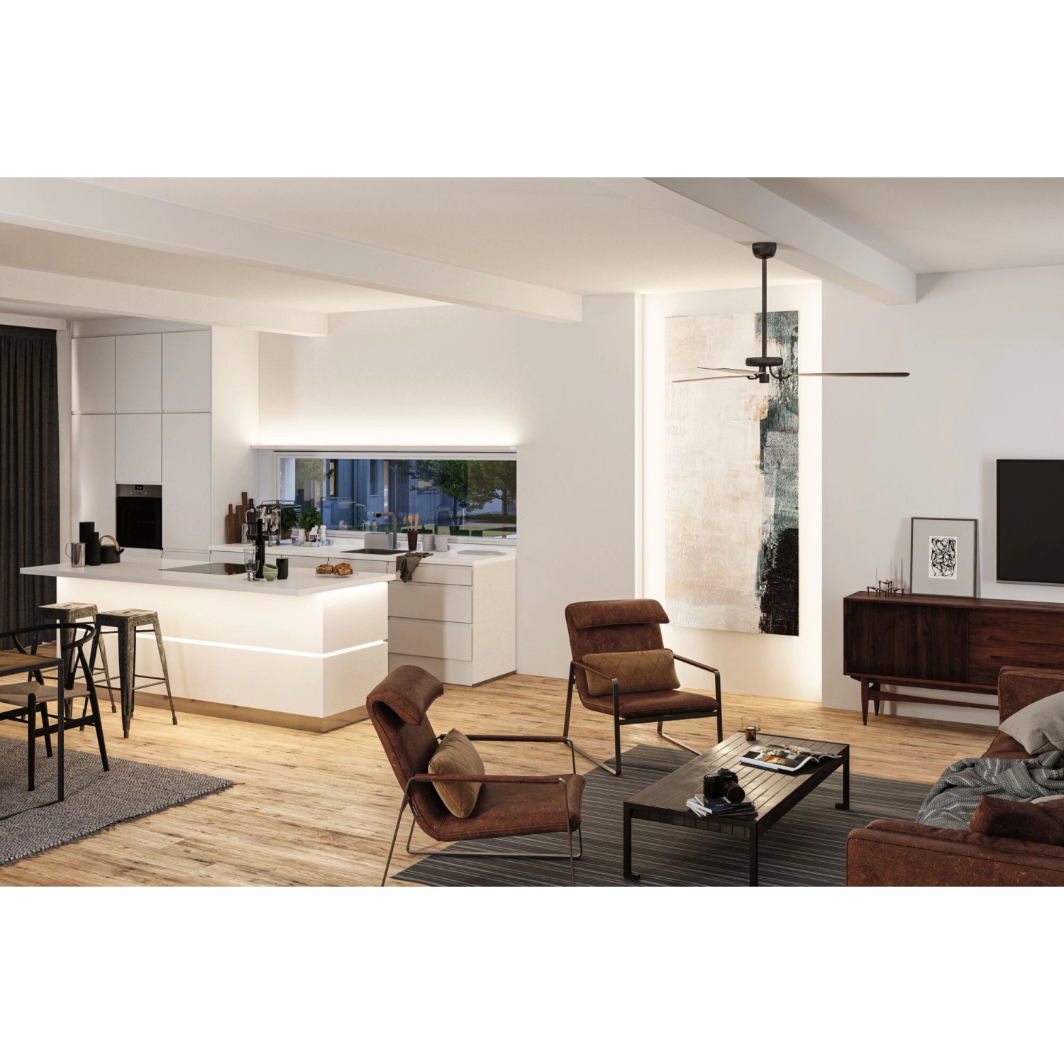 Wohnraum mit Paulmann LED-Strip MaxLED 1000 COB, warmweißes Licht unter Kücheninsel.