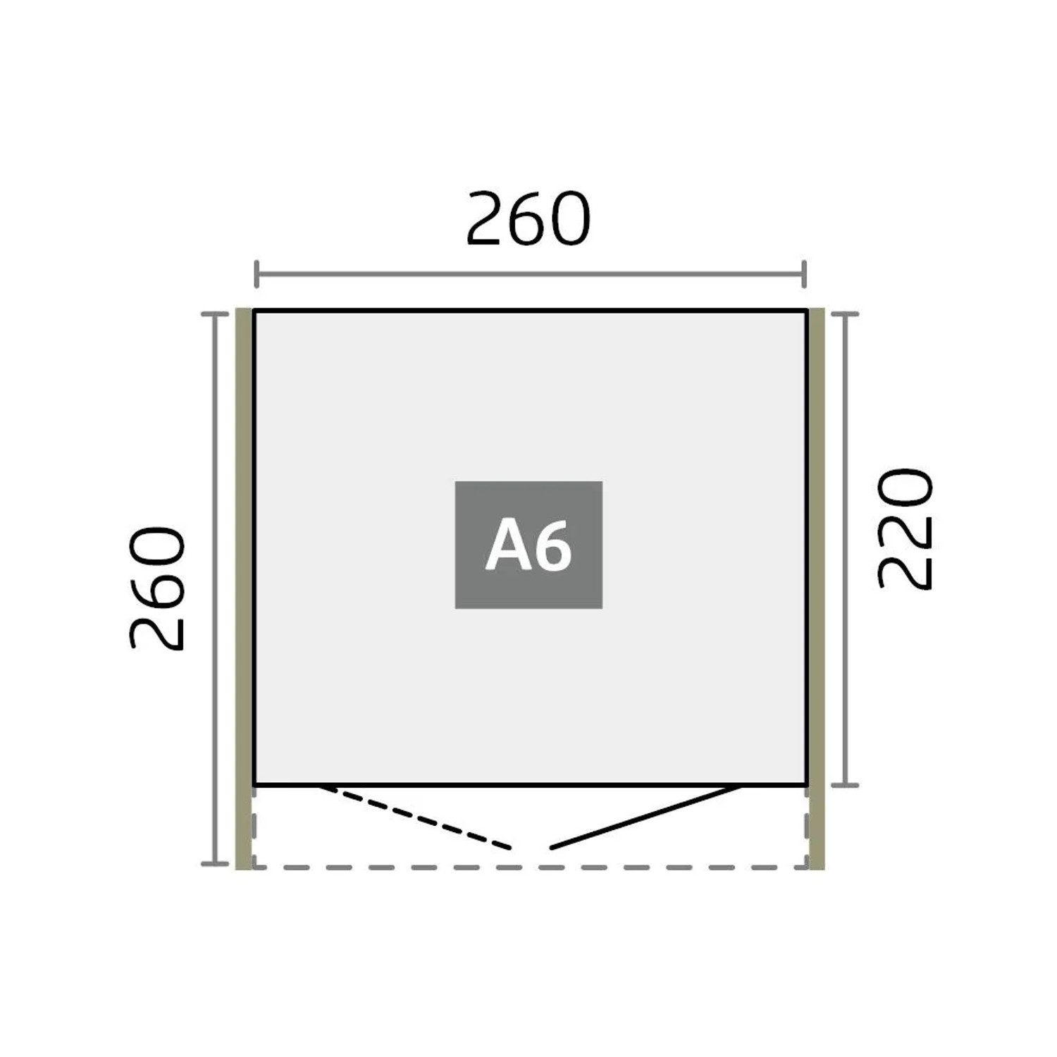 Grundriss des Biohort Gerätehauses AvantGarde A6. Zeigt die Maße 260x260 cm und die Position der Doppeltür.