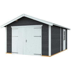 Skan Holz Garage Varberg, 370x525 cm, schiefergrau, mit Doppeltor und Tür.