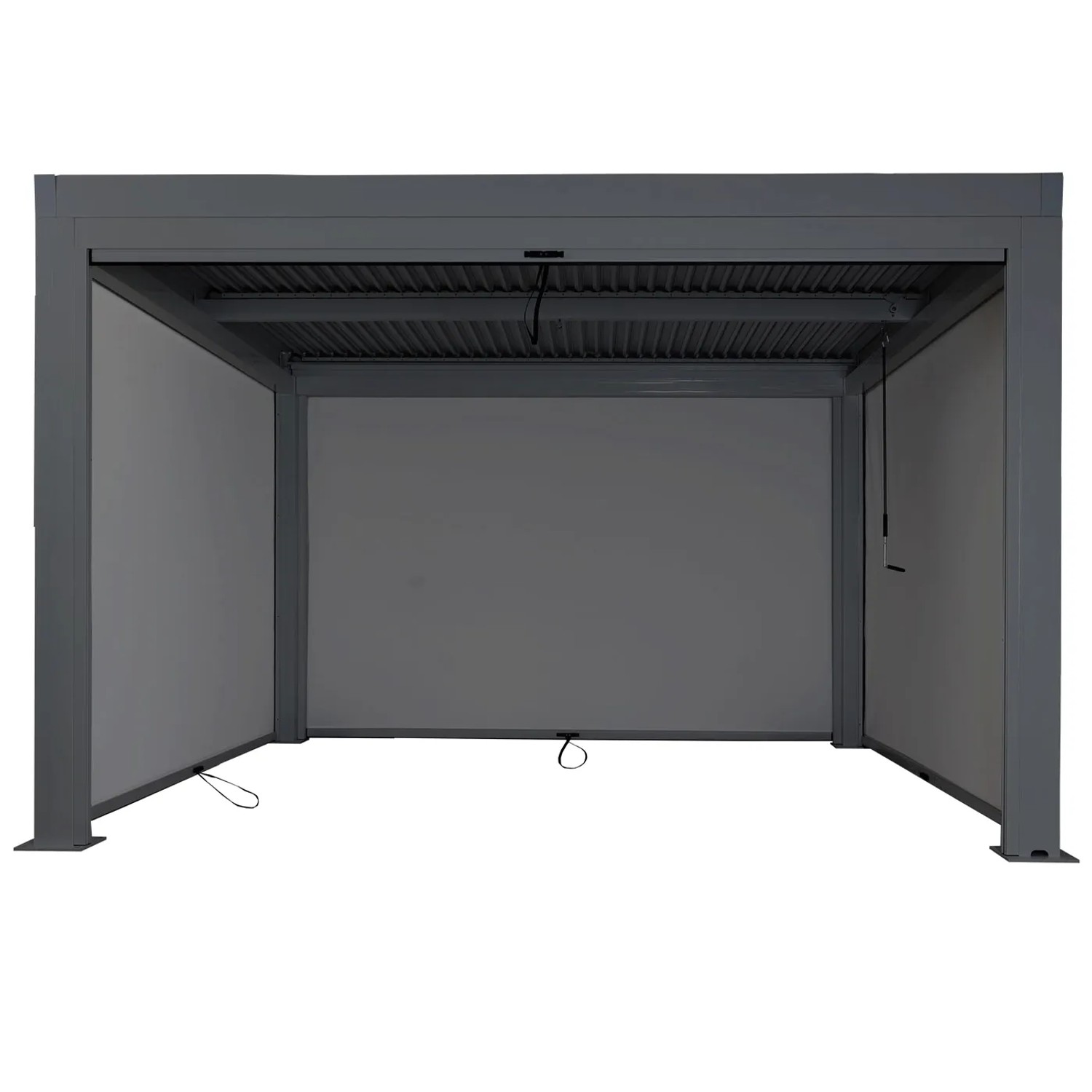 Anthrazitfarbene MCW Pergola L46 mit Seitenwänden, 3x4m, Aluminiumgestell. Terrassenüberdachung mit Wind- und Insektenschutz.