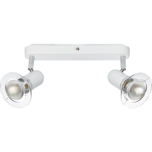 Weiße Deckenleuchte Casaca mit 2 dreh- und schwenkbaren Spots und klarem Glas.