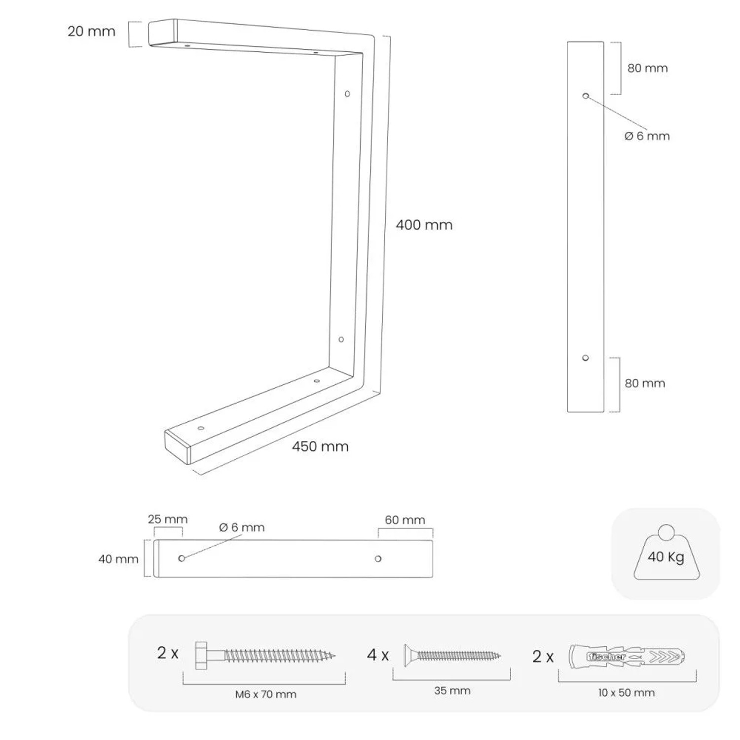 Technische Zeichnung der HEVVA LAHN Waschtischhalterung, 45 cm tief, weißes Metallprofil. Zeigt Maße 450x400mm, Bohrungen und Befestigungsmaterial.