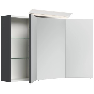 Posseik Spiegelschrank 100 cm, Grafit, mit 3 Spiegeltüren, LED-Lampe und Glasböden. Eine Tür offen.
