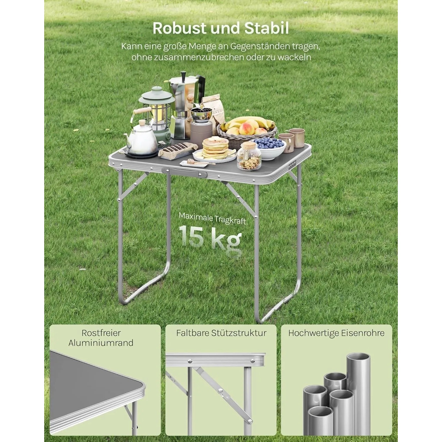 WOLTU Campingtisch Klapptisch mit Griff Zusammenklappbar Alu Grau_7