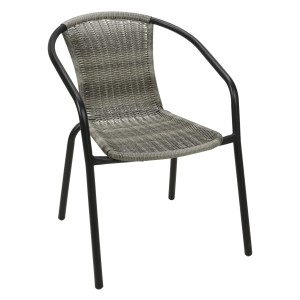 Grau melierter Polyrattan Gartenstuhl mit schwarzem Stahlgestell, stapelbar.