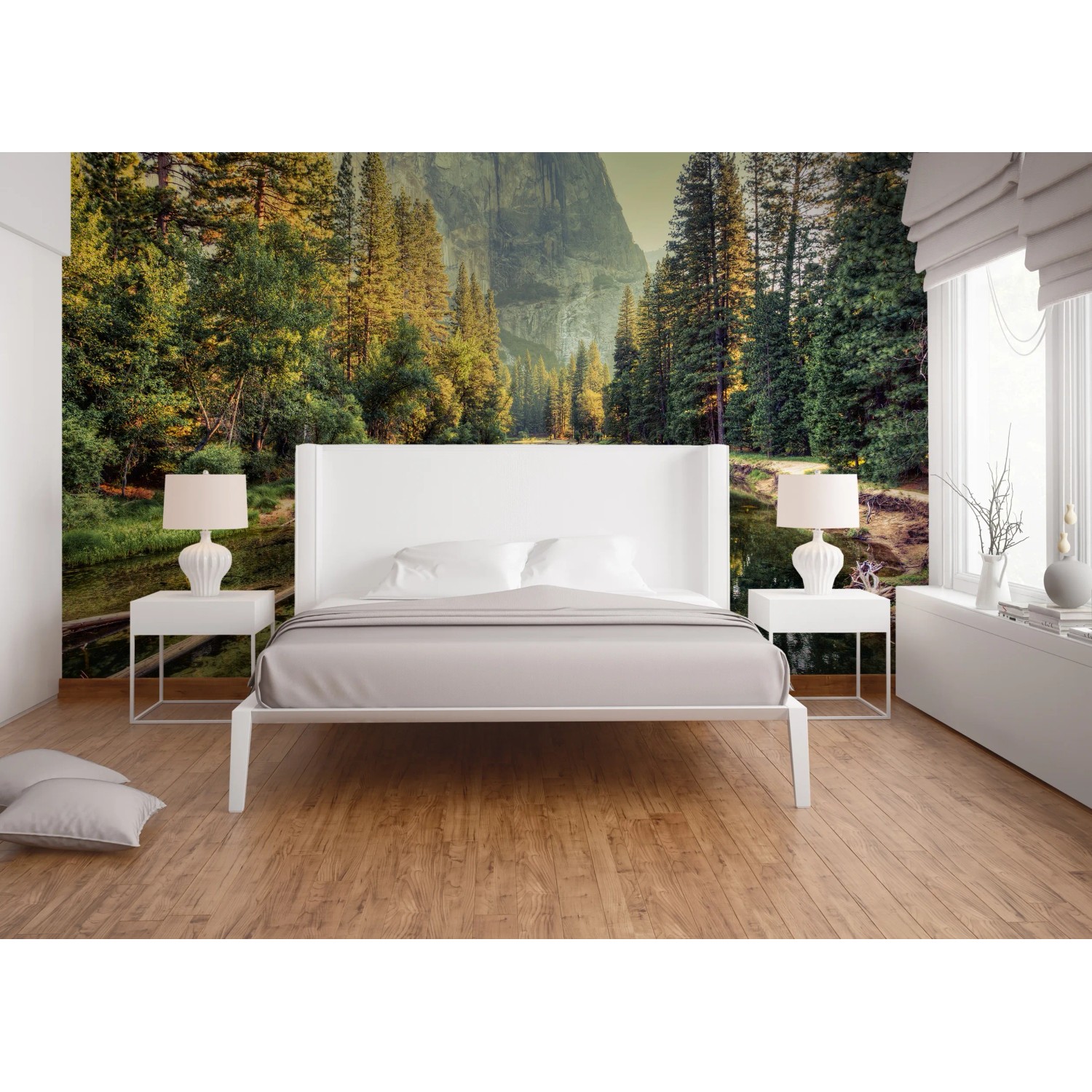Fototapete mit Wald, Fluss und Landschaft in Grün- und Gelbtönen, angebracht im Schlafzimmer.