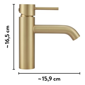 Goldene baliv WT-630 Waschtischarmatur, Einhebelmischer mit gebogenem Auslauf. Höhe 16,5 cm, Tiefe 15,9 cm.