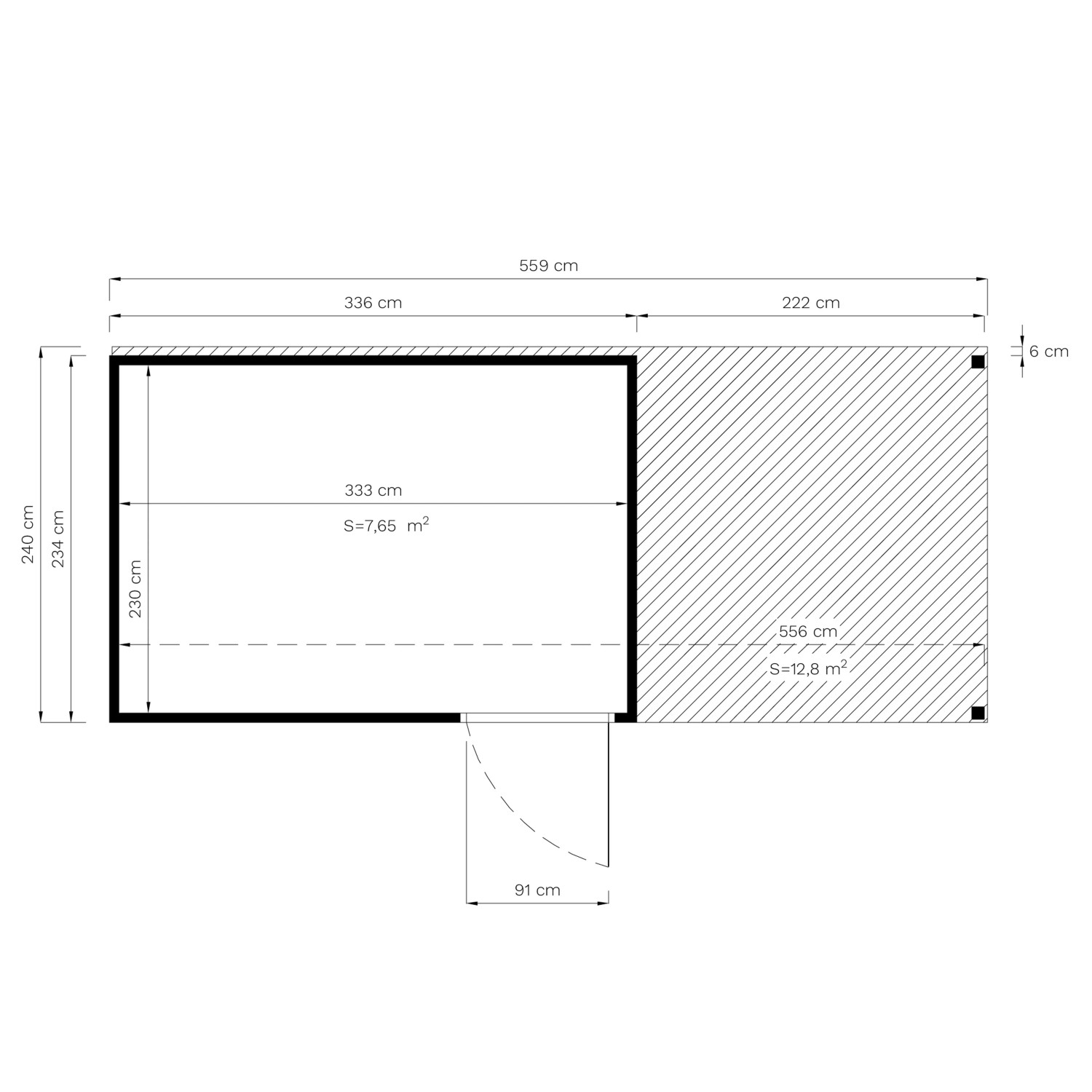 Grundriss Bertilo Elementgartenhaus Cubus 3 Office Lounge Natur mit Maßen.