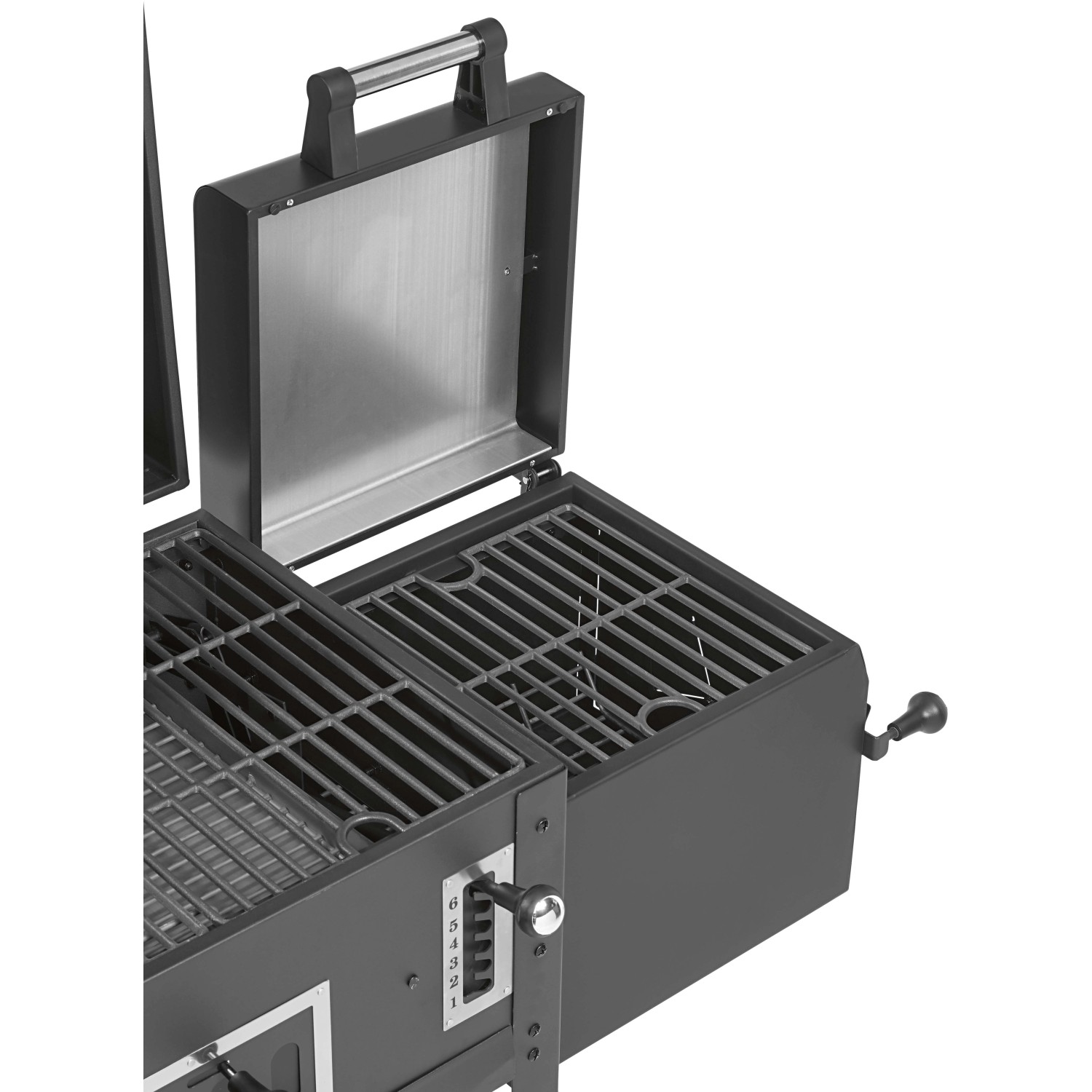 Detailansicht des Jamestown Kombigrill Drake mit geöffnetem Deckel und Bedienelementen.