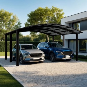 Schwarzes Ximax Alu Doppelcarport Portoforte mit zwei geparkten Autos.