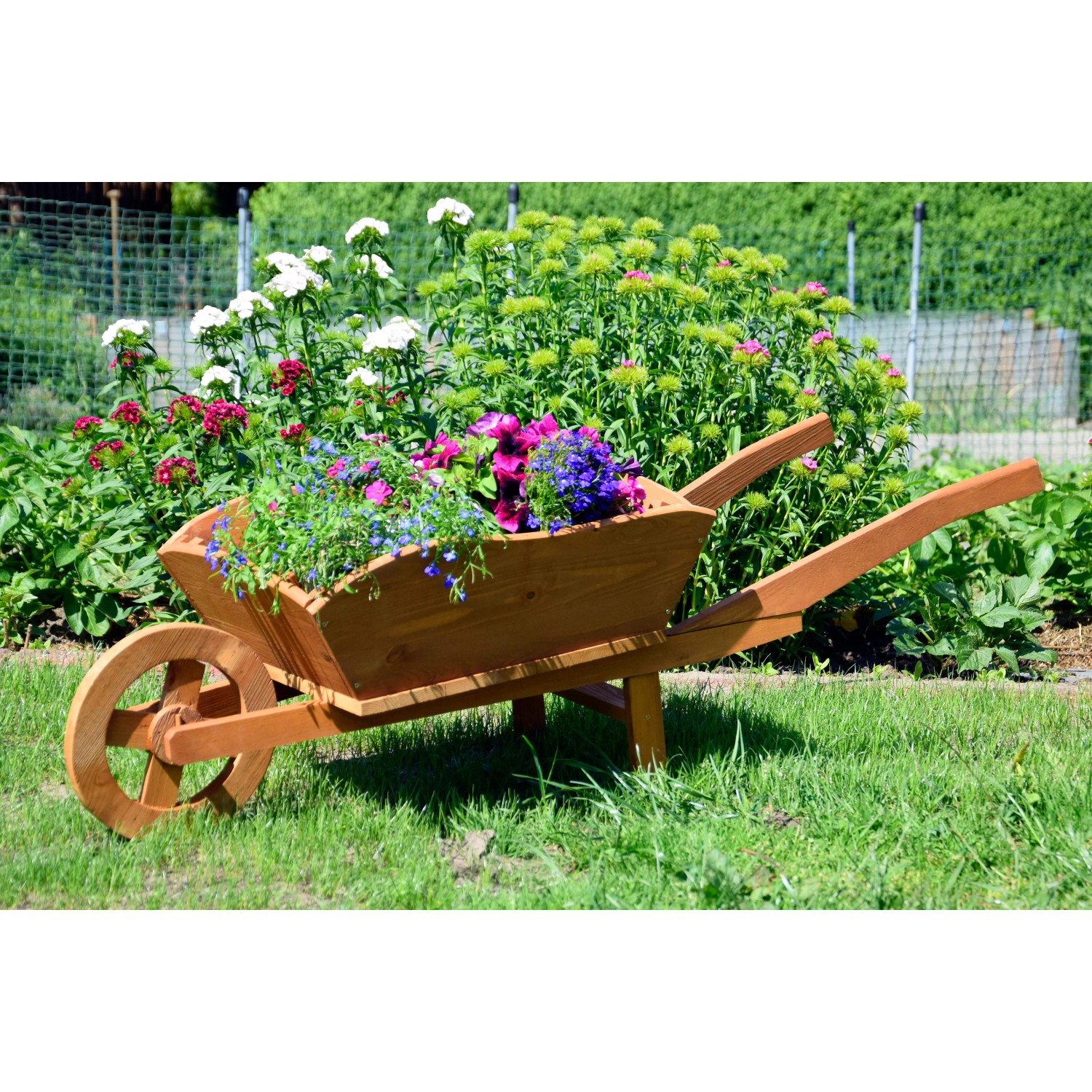 Große, dunkelbraune Pflanz-Schubkarre aus Holz, bepflanzt mit bunten Blumen im Garten.