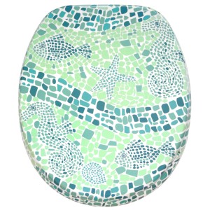 Sanilo WC-Sitz Mosaic World Green mit Absenkautomatik, Holz, Mosaikmuster mit Meeresmotiven.