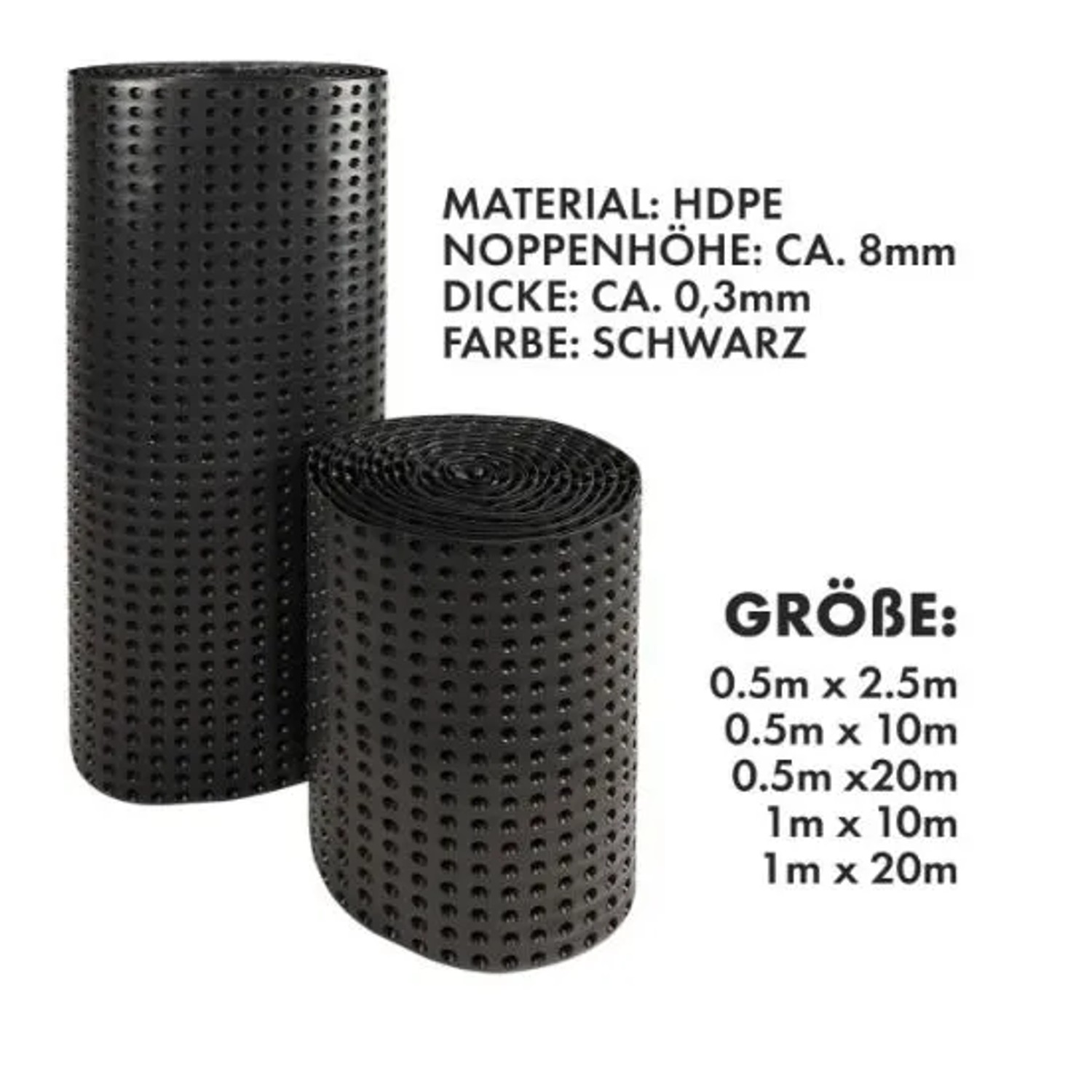 Schwarze KARAT Noppenfolie, robuster Schutz für Bau und Garten, 100x1000cm, aus Polyethylen.