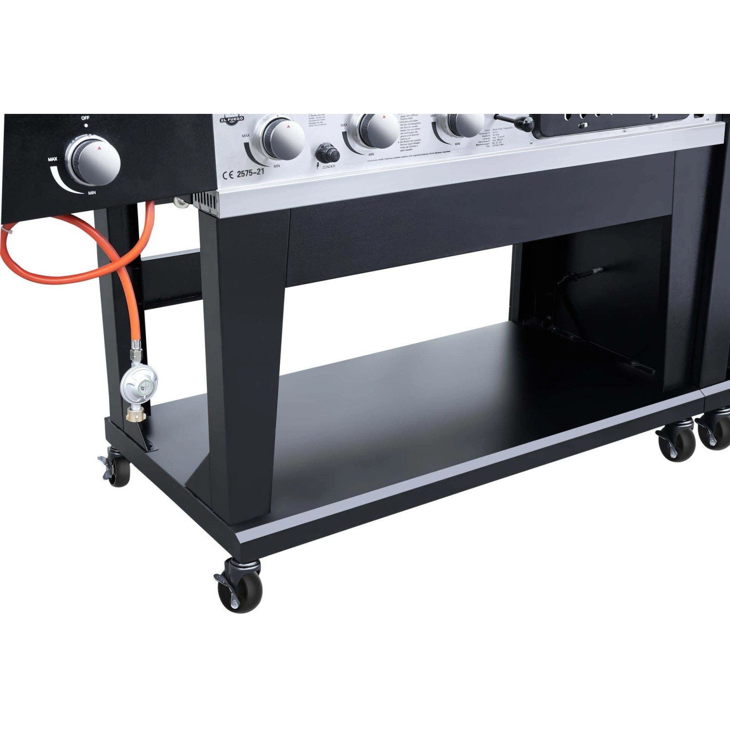 Detailansicht des El Fuego Kombigrill 3 in 1 mit Bierkühler und Zapfanlage, Fokus auf Untergestell und Räder.