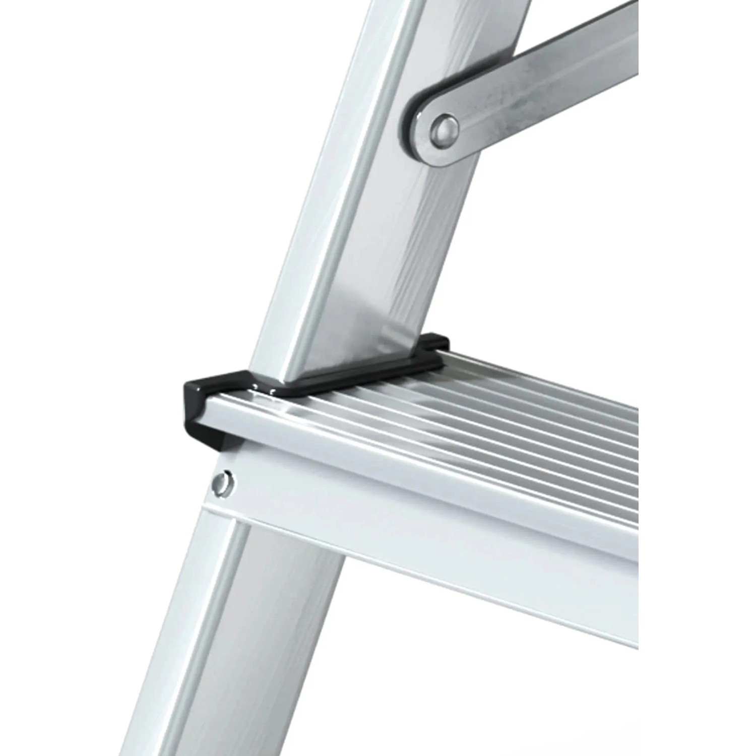 Detailaufnahme: Silberne Aluminium-Stufenleiter mit zwei Stufen und schwarzem Anti-Rutsch-Fuß.