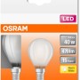 2er Set Osram E14 LED-Leuchtmittel in Tropfenform, 4W, 470lm, warmweiß, auf Verpackung.