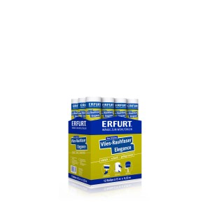 Erfurt Vlies-Rauhfaser Elegance Tapetenrollen im gelb-blauen Displaykarton. Überstreichbare Vliestapete mit Holzfasern.