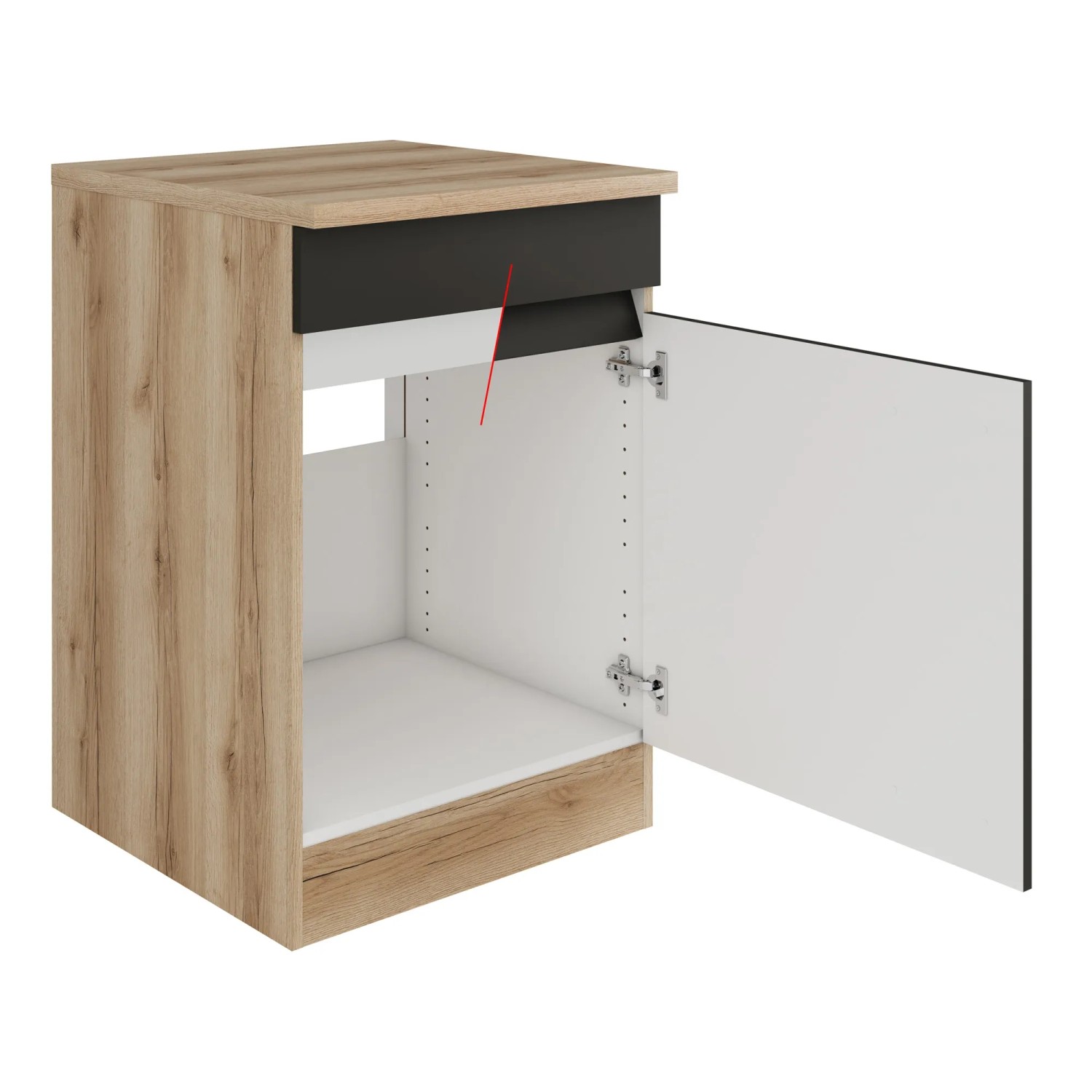 Optifit Spülenunterschrank Noah420, 60 cm, Anthrazit/Wildeiche Dekor mit offener Tür.