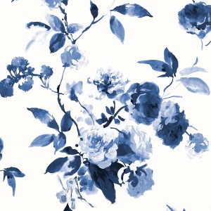 Joules Vliestapete Boho Bloom Crème Blau mit Aquarell-Blumenmuster.