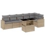 Beige 7-tlg. vidaXL Garten-Sofagarnitur aus Rattan mit Tisch und grauen Kissen.