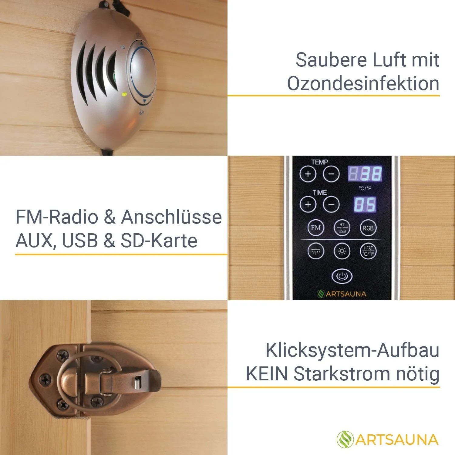 Details der Artsauna Infrarotkabine Oslo: Bedienfeld, Radio, Türverschluss und Luftreiniger.
