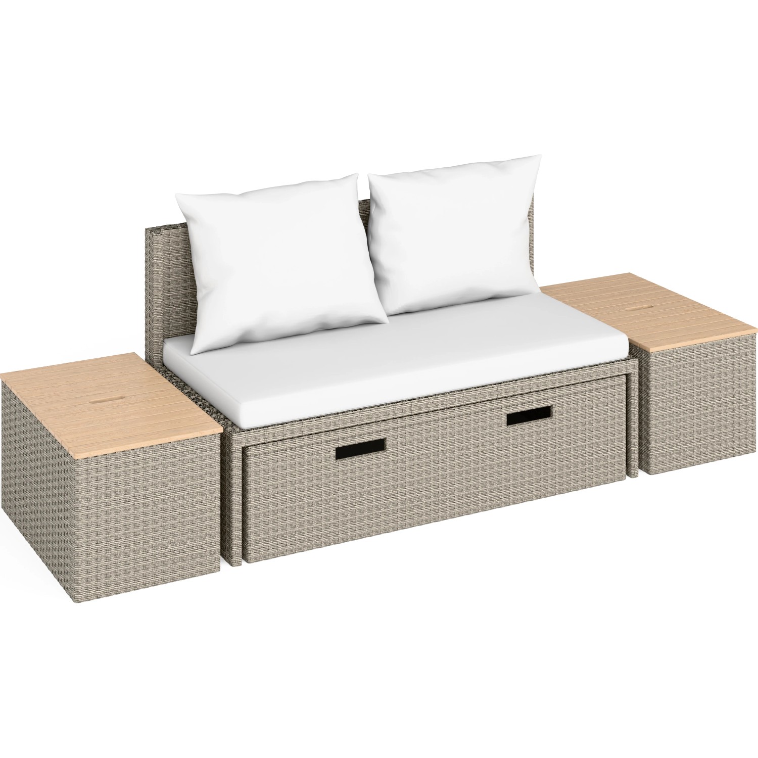 4-tlg. Lounge-Set Bostonia aus Polyrattan in Hellbraun mit Polstern und Tischen.