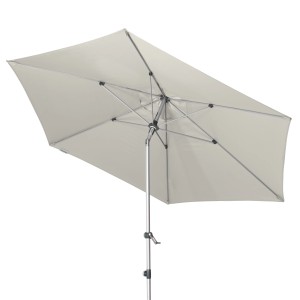 Grauer Doppler Marktschirm Expert, Ø 306 cm, mit Knickfunktion und Kurbelmechanismus.