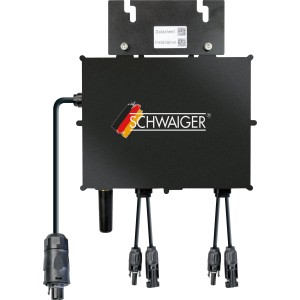 Schwarzer Schwaiger Wechselrichter NEP 800W für Balkonkraftwerke mit Anschlüssen.