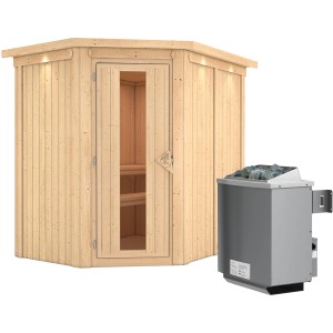 Karibu Sauna-Set Cleo mit Ofen und Dachkranz. Massivholzsauna aus Fichte mit Glastür und Saunaofen.