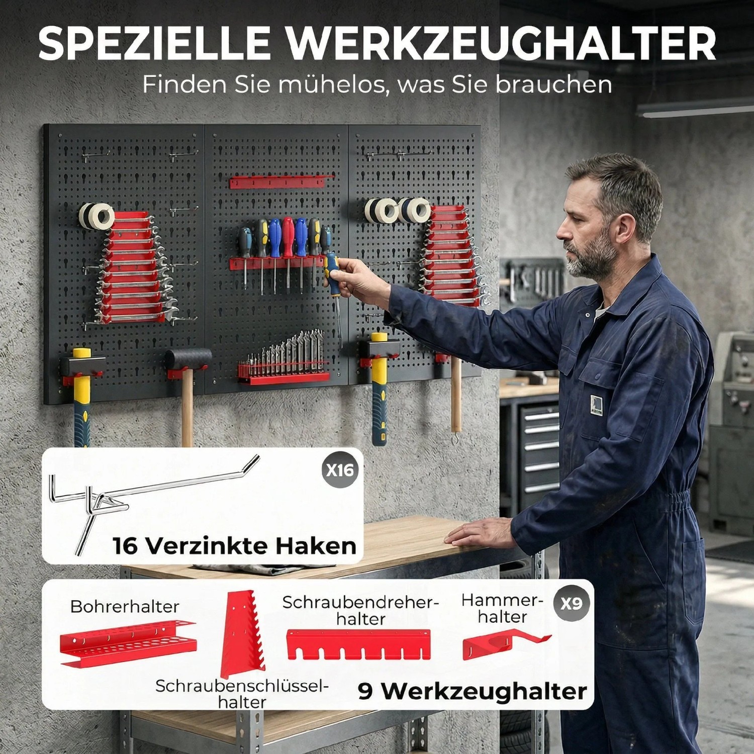 HOMCOM Lochwand-System Schwarz+Rot mit Werkzeughaltern und Haken. Mann organisiert Werkzeuge an der Stahlwand in der Werkstatt.