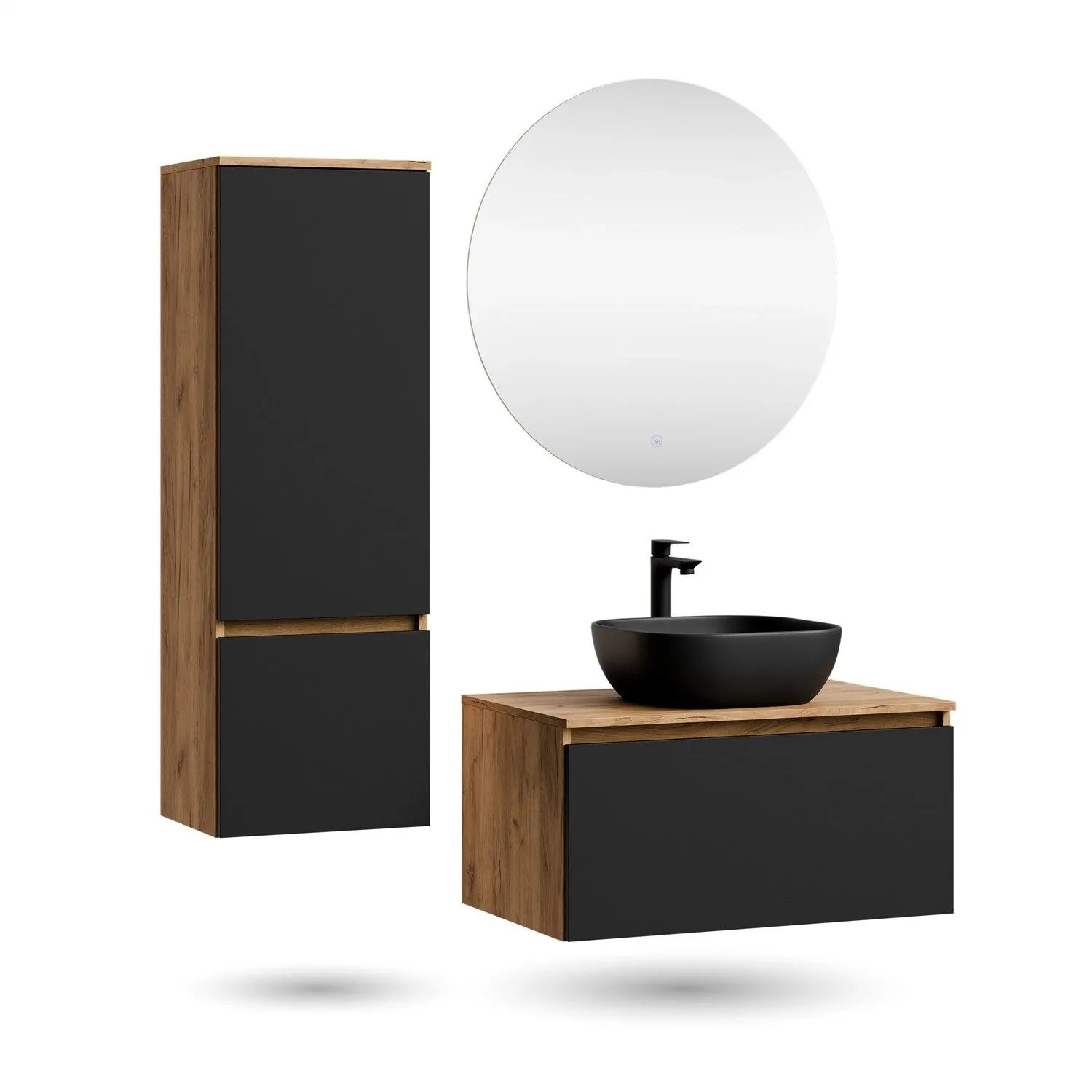 Planetmöbel ARISA Badmöbel Set 80 cm Schwarz mit Hochschrank NOVA LED Spiegel und Schwarzem Keramik Aufsatzwaschbecken 42 cm Soft Close