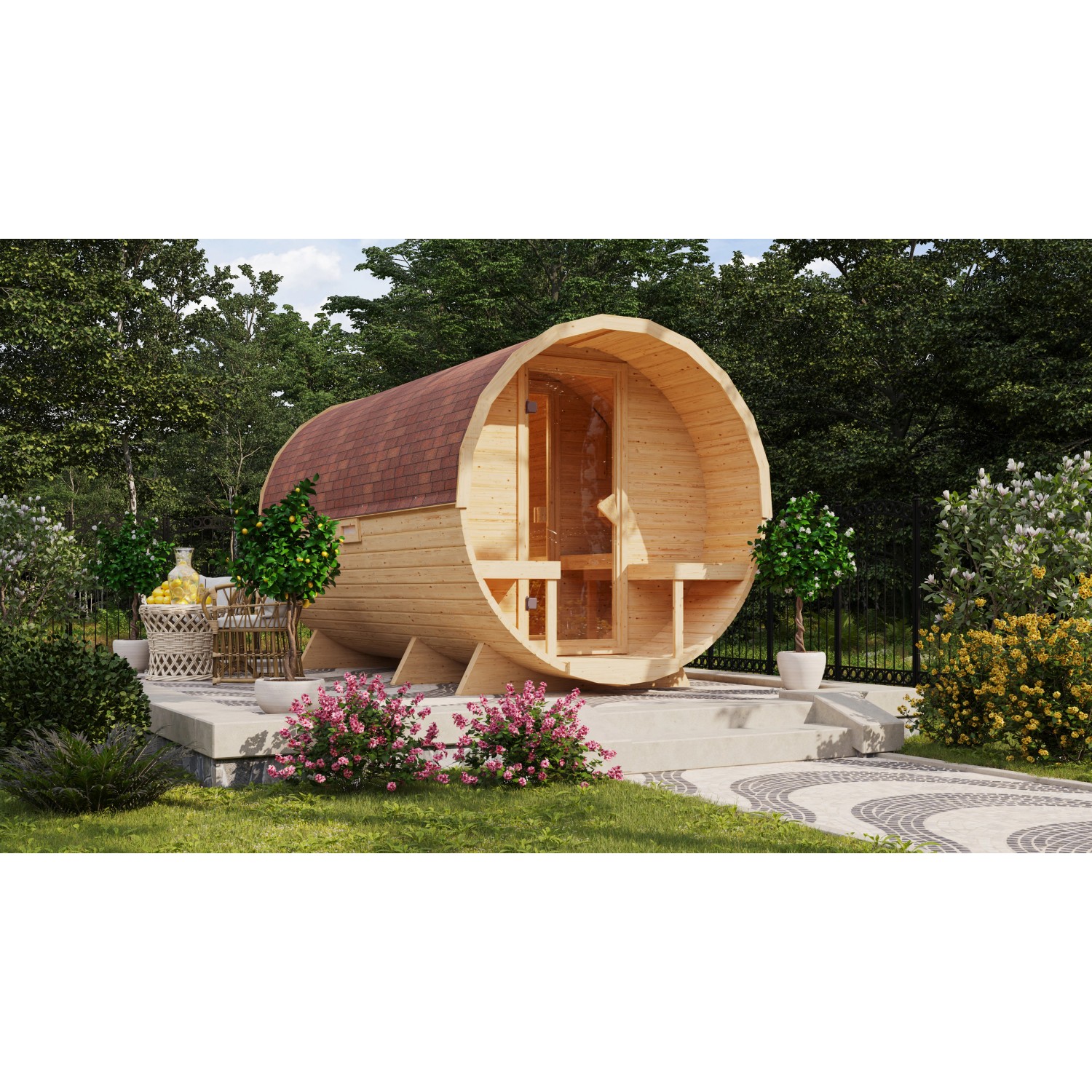 Karibu Fass-Sauna 3 Set Naturbelassen mit Ofen 9 kW Bio ext. Steuerung