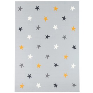 Grauer Kinderteppich (120x170cm) mit Sternen in Weiß, Grau, Schwarz und Gelb.