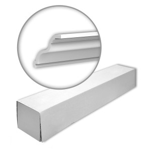 Verpackung Profhome Eckleisten, 8 weiße Deckenleisten im Set, Detailansicht des Profils.