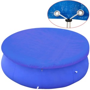 Blaue, runde Poolabdeckung aus PE für Aufstellpools, 450-457 cm, mit Befestigungsdetails.
