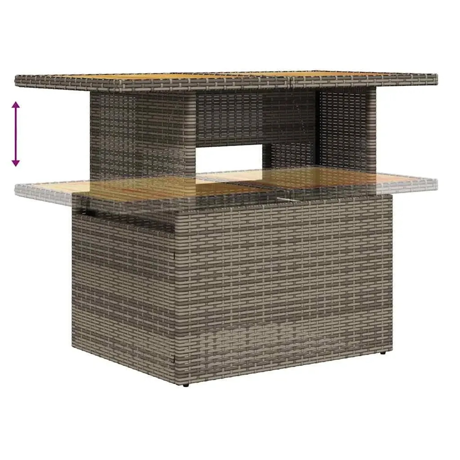 Verstellbarer Gartentisch aus grauem Poly Rattan und Akazie, Teil der vidaXL 5-tlg. Garten-Sofagarnitur.