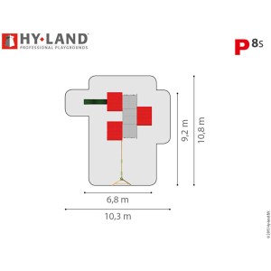 Draufsicht Hy-Land Spielgerät P8S mit Rutsche und Doppelschaukelanbau, Maße und Abmessungen.