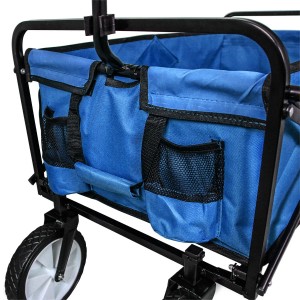 Detailansicht: Blauer Monstershop Faltbarer Gartenwagen mit Taschen und Stahlrahmen.